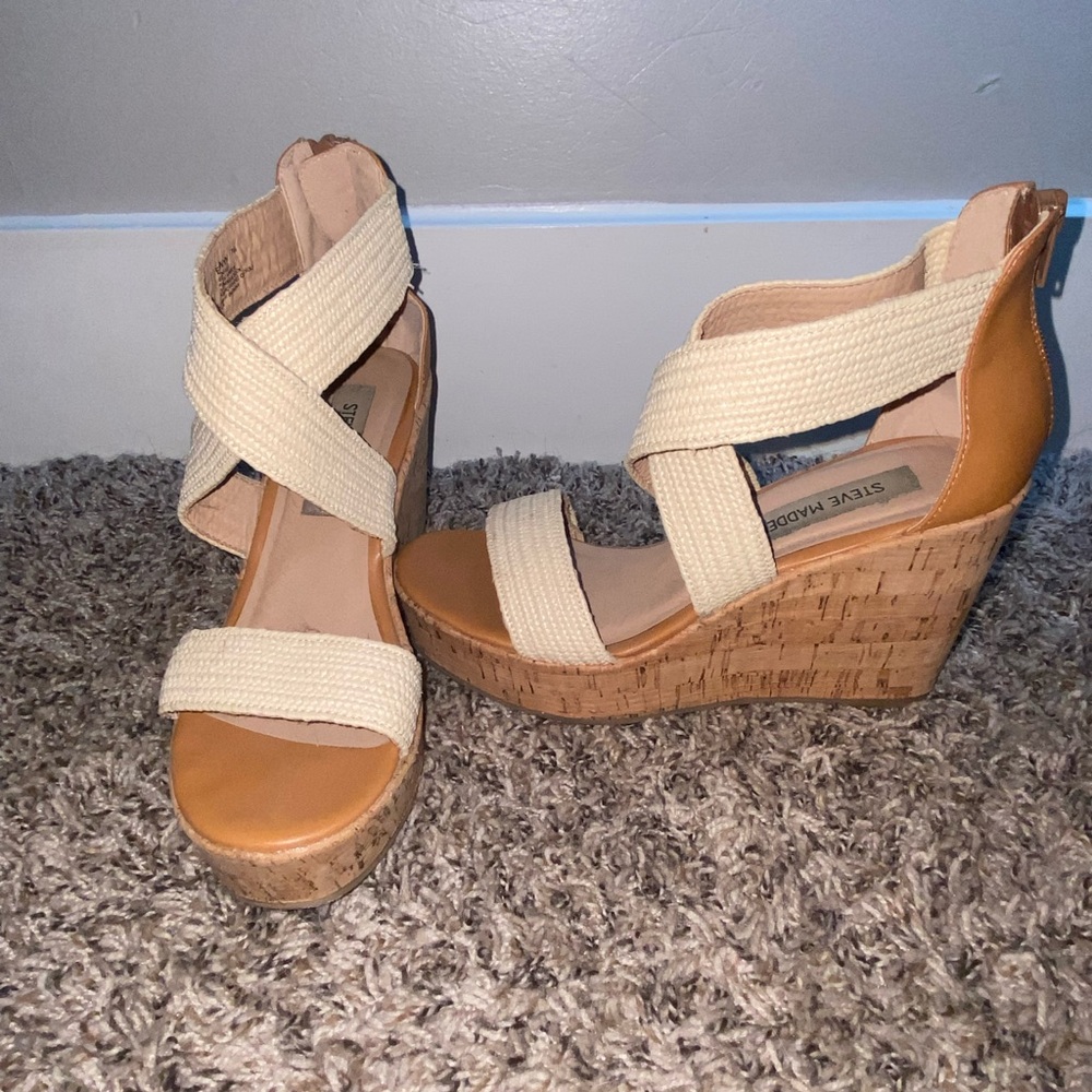 Steve Madden Brown and Cream Wedge Sandals